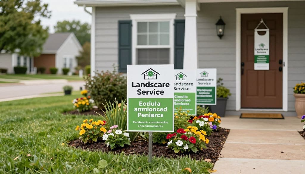 A beautifully landscaped front yard featuring vibrant green grass and colorful flower beds serves as the setting. In the foreground, several professionally designed yard signs are strategically placed, showcasing eye-catching graphics and bold colors promoting local landscaping services. To the side, a door hanger hangs from a quaint front door, displaying a sophisticated design in a similar style. The middle ground includes a charming pathway leading to the entrance, while in the background, a picturesque suburban neighborhood is visible under soft, natural lighting. The image captures a warm and inviting mood, ideal for local advertising, with a focus on clarity and composition. Shot with a slight depth of field to emphasize the signs in the foreground, the overall atmosphere is fresh and appealing, evoking the essence of community-oriented landscaping services. A beautifully landscaped front yard featuring vibrant green grass and colorful flower beds serves as the setting. In the foreground, several professionally designed yard signs are strategically placed, showcasing eye-catching graphics and bold colors promoting local landscaping services. To the side, a door hanger hangs from a quaint front door, displaying a sophisticated design in a similar style. The middle ground includes a charming pathway leading to the entrance, while in the background, a picturesque suburban neighborhood is visible under soft, natural lighting. The image captures a warm and inviting mood, ideal for local advertising, with a focus on clarity and composition. Shot with a slight depth of field to emphasize the signs in the foreground, the overall atmosphere is fresh and appealing, evoking the essence of community-oriented landscaping services.