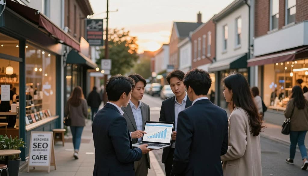 A bustling local business district filled with diverse shops and storefronts, showcasing a small coffee shop, a boutique, and a local bakery in the foreground. In the middle ground, a group of well-dressed professionals discussing a marketing strategy with a laptop open, focusing on a chart representing local SEO growth. The background features a warm sunset casting a golden glow over the neighborhood, emphasizing a community atmosphere. Use a shallow depth of field to blur the background slightly, creating a sense of intimacy. Capture the scene using a medium lens for a balanced perspective, with soft, natural lighting to evoke a positive, inviting mood. The image should reflect the connectivity and vibrancy of local businesses benefiting from targeted SEO efforts. A bustling local business district filled with diverse shops and storefronts, showcasing a small coffee shop, a boutique, and a local bakery in the foreground. In the middle ground, a group of well-dressed professionals discussing a marketing strategy with a laptop open, focusing on a chart representing local SEO growth. The background features a warm sunset casting a golden glow over the neighborhood, emphasizing a community atmosphere. Use a shallow depth of field to blur the background slightly, creating a sense of intimacy. Capture the scene using a medium lens for a balanced perspective, with soft, natural lighting to evoke a positive, inviting mood. The image should reflect the connectivity and vibrancy of local businesses benefiting from targeted SEO efforts.