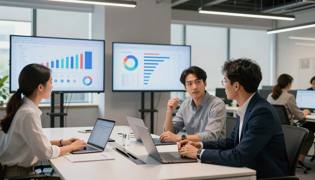 A digital marketing agency office scene bustling with activity. In the foreground, a diverse group of three professionals—two men and one woman—are engaged in a focused discussion around a sleek conference table filled with laptops and digital devices. They are dressed in smart casual attire. In the background, large screens display colorful graphs and charts depicting agency performance and reviews. The ambiance is modern, with bright LED lighting and a minimalistic design. Soft natural light filters through large windows, creating a warm and inviting atmosphere. The overall mood is professional and energetic, capturing the essence of collaboration and innovation in digital marketing for small businesses in the United States. A digital marketing agency office scene bustling with activity. In the foreground, a diverse group of three professionals—two men and one woman—are engaged in a focused discussion around a sleek conference table filled with laptops and digital devices. They are dressed in smart casual attire. In the background, large screens display colorful graphs and charts depicting agency performance and reviews. The ambiance is modern, with bright LED lighting and a minimalistic design. Soft natural light filters through large windows, creating a warm and inviting atmosphere. The overall mood is professional and energetic, capturing the essence of collaboration and innovation in digital marketing for small businesses in the United States.