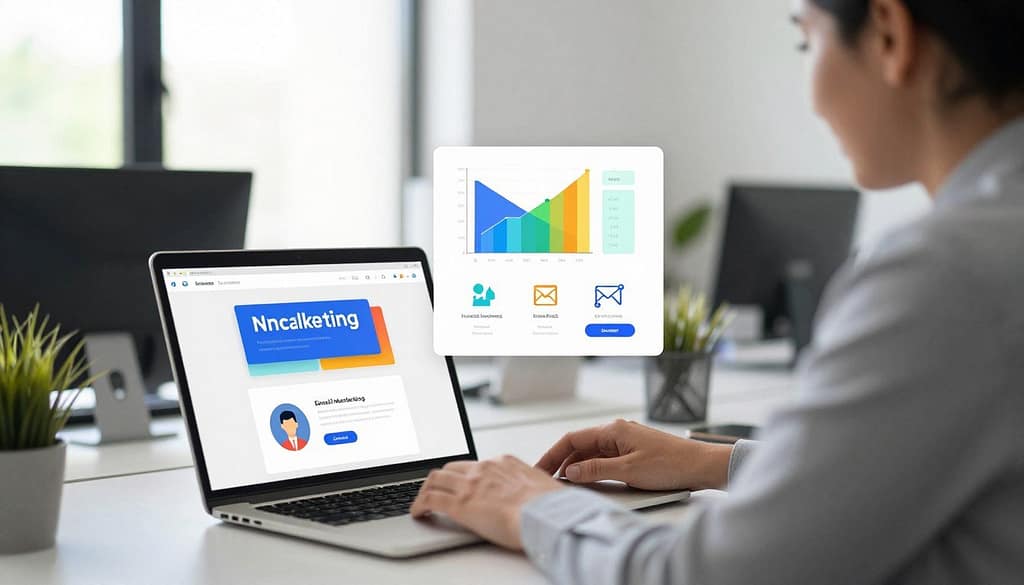 A modern office setting with a focus on email marketing, showcasing a professional marketer at a desk. In the foreground, a laptop displays a vibrant email campaign design with eye-catching graphics and call-to-action buttons. The middle ground features colorful charts and graphs illustrating increased leads and sales, alongside icons representing email subscriptions and customer engagement. The background reveals a window with bright, natural light streaming in, creating an uplifting atmosphere. The scene is well-lit with a soft focus on the marketer wearing smart business attire, reflecting concentration and enthusiasm. The overall mood is energetic and optimistic, emphasizing the effectiveness of email marketing in driving business growth. A modern office setting with a focus on email marketing, showcasing a professional marketer at a desk. In the foreground, a laptop displays a vibrant email campaign design with eye-catching graphics and call-to-action buttons. The middle ground features colorful charts and graphs illustrating increased leads and sales, alongside icons representing email subscriptions and customer engagement. The background reveals a window with bright, natural light streaming in, creating an uplifting atmosphere. The scene is well-lit with a soft focus on the marketer wearing smart business attire, reflecting concentration and enthusiasm. The overall mood is energetic and optimistic, emphasizing the effectiveness of email marketing in driving business growth.