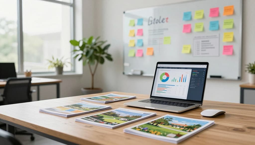 A modern office workspace focused on digital marketing strategies for landscaping businesses. In the foreground, a sleek, wooden desk is dotted with vibrant brochures featuring beautiful landscapes and garden designs. A laptop is open, displaying analytical charts and social media platforms, showcasing engagement metrics. In the middle ground, a large whiteboard filled with colorful post-it notes indicates brainstorming ideas and marketing plans. The background features large windows with natural light streaming in, illuminating a small indoor plant garden, enhancing the atmosphere of growth and creativity. The overall mood is energetic and professional, conveying a sense of innovation and strategic planning. The scene is shot with a soft focus effect, emphasizing the details on the desk while maintaining a bright, inviting ambiance. A modern office workspace focused on digital marketing strategies for landscaping businesses. In the foreground, a sleek, wooden desk is dotted with vibrant brochures featuring beautiful landscapes and garden designs. A laptop is open, displaying analytical charts and social media platforms, showcasing engagement metrics. In the middle ground, a large whiteboard filled with colorful post-it notes indicates brainstorming ideas and marketing plans. The background features large windows with natural light streaming in, illuminating a small indoor plant garden, enhancing the atmosphere of growth and creativity. The overall mood is energetic and professional, conveying a sense of innovation and strategic planning. The scene is shot with a soft focus effect, emphasizing the details on the desk while maintaining a bright, inviting ambiance.