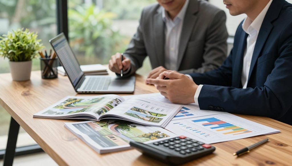 A professional, focused workspace featuring a stylish wooden desk scattered with landscaping magazines, a laptop displaying a budgeting spreadsheet, and colorful graphs illustrating ad performance. In the foreground, a calculator, drafting tools, and potted plants add a touch of nature. The middle ground showcases a soft-focus image of a landscape designer in smart business attire, diligently discussing strategies with a colleague across the desk. The background includes a large window with natural light streaming in, illuminating green garden views outside, creating a calm and productive atmosphere. The image is warm and inviting, emphasizing professionalism and creativity in landscaping advertising. Soft shadows enhance the depth and detail, while a slight tilt-angle captures the interaction between the professionals. A professional, focused workspace featuring a stylish wooden desk scattered with landscaping magazines, a laptop displaying a budgeting spreadsheet, and colorful graphs illustrating ad performance. In the foreground, a calculator, drafting tools, and potted plants add a touch of nature. The middle ground showcases a soft-focus image of a landscape designer in smart business attire, diligently discussing strategies with a colleague across the desk. The background includes a large window with natural light streaming in, illuminating green garden views outside, creating a calm and productive atmosphere. The image is warm and inviting, emphasizing professionalism and creativity in landscaping advertising. Soft shadows enhance the depth and detail, while a slight tilt-angle captures the interaction between the professionals.