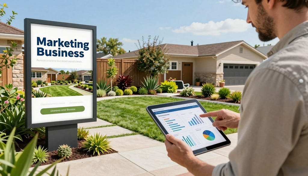 A split-image composition showcasing the contrast between marketing and advertising for landscaping businesses. In the foreground, a professional landscaper in modest casual clothing points to a digital marketing analytics report on a tablet, emphasizing strategic planning. In the middle ground, display vibrant, well-maintained landscaping: a variety of plants, manicured lawns, and stylish garden features suggest marketing. Conversely, on the left side, depict an eye-catching advertisement featuring a beautifully landscaped backyard with a text overlay placeholder featuring a slogan, showcasing traditional advertising. The background should include a sunny, blue sky and a suburban neighborhood setting, creating an inviting atmosphere. Soft, natural lighting enhances the image, captured from a slightly elevated angle, conveying an optimistic mood about business growth. A split-image composition showcasing the contrast between marketing and advertising for landscaping businesses. In the foreground, a professional landscaper in modest casual clothing points to a digital marketing analytics report on a tablet, emphasizing strategic planning. In the middle ground, display vibrant, well-maintained landscaping: a variety of plants, manicured lawns, and stylish garden features suggest marketing. Conversely, on the left side, depict an eye-catching advertisement featuring a beautifully landscaped backyard with a text overlay placeholder featuring a slogan, showcasing traditional advertising. The background should include a sunny, blue sky and a suburban neighborhood setting, creating an inviting atmosphere. Soft, natural lighting enhances the image, captured from a slightly elevated angle, conveying an optimistic mood about business growth.