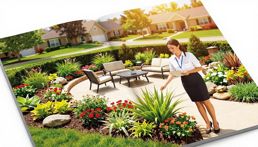A vibrant magazine ad layout for a landscaping business, showcasing a beautifully manicured garden scene. In the foreground, a professionally dressed landscape designer examines lush green plants and colorful flower beds, portraying a sense of expertise and trust. The middle ground features a stunning patio area with elegant outdoor furniture, surrounded by vibrant landscaping that highlights various plant species and decorative stones. In the background, a soft-focus suburban neighborhood with well-maintained lawns and trees suggest community charm. Warm, inviting lighting creates an atmosphere of warmth and professionalism, while a slight overhead angle emphasizes the expansiveness of the landscape. Overall, the image reflects brand awareness and expertise in the landscaping field, without any text or branding details. A vibrant magazine ad layout for a landscaping business, showcasing a beautifully manicured garden scene. In the foreground, a professionally dressed landscape designer examines lush green plants and colorful flower beds, portraying a sense of expertise and trust. The middle ground features a stunning patio area with elegant outdoor furniture, surrounded by vibrant landscaping that highlights various plant species and decorative stones. In the background, a soft-focus suburban neighborhood with well-maintained lawns and trees suggest community charm. Warm, inviting lighting creates an atmosphere of warmth and professionalism, while a slight overhead angle emphasizes the expansiveness of the landscape. Overall, the image reflects brand awareness and expertise in the landscaping field, without any text or branding details.