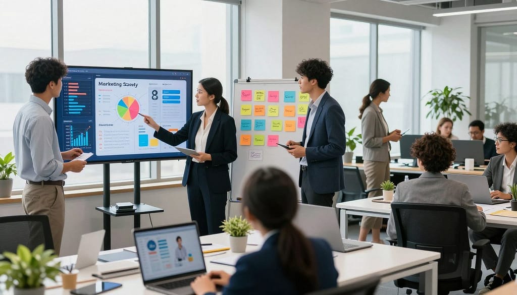 A vibrant office setting filled with creativity and collaboration. In the foreground, a diverse group of professionals in business attire, including a woman and a man, analyze a visually appealing digital marketing strategy on a large screen, showcasing graphs and social media icons. In the middle ground, a whiteboard filled with colorful post-it notes detailing marketing ideas and campaigns, reflecting teamwork. The background features sleek desks with laptops and plants, enhancing the modern aesthetic. Soft, natural lighting streams in through large windows, creating an inviting atmosphere. The mood is energetic and focused, emphasizing productivity and innovation in a digital marketing agency environment. This image illustrates the empowering benefits of hiring a digital marketing agency for small businesses. A vibrant office setting filled with creativity and collaboration. In the foreground, a diverse group of professionals in business attire, including a woman and a man, analyze a visually appealing digital marketing strategy on a large screen, showcasing graphs and social media icons. In the middle ground, a whiteboard filled with colorful post-it notes detailing marketing ideas and campaigns, reflecting teamwork. The background features sleek desks with laptops and plants, enhancing the modern aesthetic. Soft, natural lighting streams in through large windows, creating an inviting atmosphere. The mood is energetic and focused, emphasizing productivity and innovation in a digital marketing agency environment. This image illustrates the empowering benefits of hiring a digital marketing agency for small businesses.