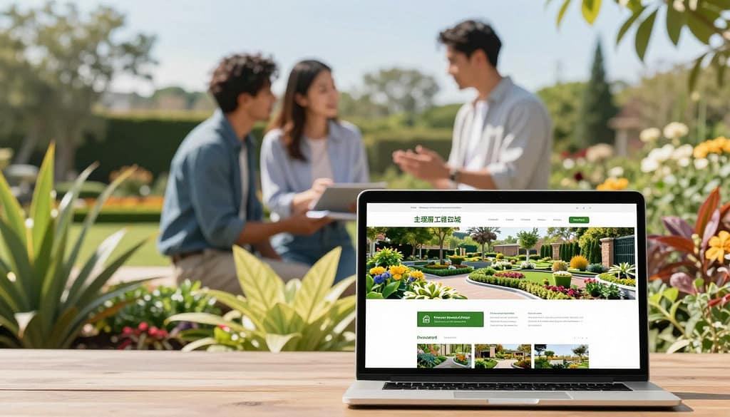 A visually appealing email marketing scene for landscaping services, capturing the essence of plant life and garden beauty. Foreground features a computer or laptop displaying a beautifully designed email template showcasing lush gardens and landscaping projects. In the middle ground, a couple of professionals in business casual attire are discussing marketing strategies, surrounded by vibrant plants and green foliage. The background includes a soft-focus outdoor landscape with well-maintained gardens, trees, and a clear blue sky. The lighting is bright and inviting, capturing a warm, sunny day. The composition should evoke a sense of collaboration and creativity in email marketing, aligned with landscaping services, without any text or distracting elements. A visually appealing email marketing scene for landscaping services, capturing the essence of plant life and garden beauty. Foreground features a computer or laptop displaying a beautifully designed email template showcasing lush gardens and landscaping projects. In the middle ground, a couple of professionals in business casual attire are discussing marketing strategies, surrounded by vibrant plants and green foliage. The background includes a soft-focus outdoor landscape with well-maintained gardens, trees, and a clear blue sky. The lighting is bright and inviting, capturing a warm, sunny day. The composition should evoke a sense of collaboration and creativity in email marketing, aligned with landscaping services, without any text or distracting elements.
