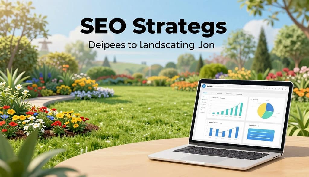 A visually engaging infographic-style illustration showcasing SEO strategies specifically designed for landscaping businesses. In the foreground, display elements like a laptop open to a website analytics dashboard with graphs and charts. The middle ground features attractive landscaping visuals, such as lush green lawns and colorful flower beds, symbolizing successful landscaping projects. In the background, include a serene garden landscape under a bright blue sky to convey growth and professionalism. Use warm, natural lighting to create a welcoming atmosphere, emphasizing the connection between digital marketing and the beauty of landscaping. The image should have a clean layout, ensuring clarity without any text, maintaining a professional and informative vibe. A visually engaging infographic-style illustration showcasing SEO strategies specifically designed for landscaping businesses. In the foreground, display elements like a laptop open to a website analytics dashboard with graphs and charts. The middle ground features attractive landscaping visuals, such as lush green lawns and colorful flower beds, symbolizing successful landscaping projects. In the background, include a serene garden landscape under a bright blue sky to convey growth and professionalism. Use warm, natural lighting to create a welcoming atmosphere, emphasizing the connection between digital marketing and the beauty of landscaping. The image should have a clean layout, ensuring clarity without any text, maintaining a professional and informative vibe.