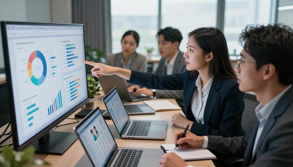 A diverse group of marketing professionals gathered around a large digital screen displaying analytical charts and audience demographics, illuminated by soft office lighting. In the foreground, a confident woman in business attire points at the screen, while a man beside her takes notes, both deeply engaged in discussion. The middle ground features sleek laptops and tablets, showing social media platforms and ad targeting tools. In the background, a modern office setting with large windows allows natural light to pour in, creating a productive atmosphere. The mood is focused and collaborative, emphasizing team effort in effectively targeting audiences using digital marketing strategies. Shot from a slightly elevated angle to capture the dynamic interaction among team members. A diverse group of marketing professionals gathered around a large digital screen displaying analytical charts and audience demographics, illuminated by soft office lighting. In the foreground, a confident woman in business attire points at the screen, while a man beside her takes notes, both deeply engaged in discussion. The middle ground features sleek laptops and tablets, showing social media platforms and ad targeting tools. In the background, a modern office setting with large windows allows natural light to pour in, creating a productive atmosphere. The mood is focused and collaborative, emphasizing team effort in effectively targeting audiences using digital marketing strategies. Shot from a slightly elevated angle to capture the dynamic interaction among team members.