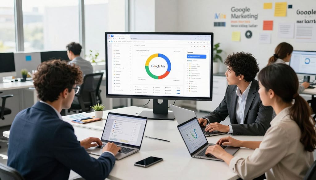 A modern Google advertising agency office with professionals collaborating around a central table. In the foreground, a diverse group of three individuals in business attire, analyzing Google Ads data on laptops and tablets. The middle ground features a large screen displaying vibrant Google Ads metrics and colorful charts. In the background, sleek workstations with creative marketing materials and a wall decorated with motivational quotes about digital marketing. The lighting is bright and inviting, with natural sunlight streaming through large windows, creating a productive atmosphere. Shot at a slight angle to capture both the teamwork and the engaging workspace, evoking a sense of innovation and collaboration in digital marketing for local services. A modern Google advertising agency office with professionals collaborating around a central table. In the foreground, a diverse group of three individuals in business attire, analyzing Google Ads data on laptops and tablets. The middle ground features a large screen displaying vibrant Google Ads metrics and colorful charts. In the background, sleek workstations with creative marketing materials and a wall decorated with motivational quotes about digital marketing. The lighting is bright and inviting, with natural sunlight streaming through large windows, creating a productive atmosphere. Shot at a slight angle to capture both the teamwork and the engaging workspace, evoking a sense of innovation and collaboration in digital marketing for local services.