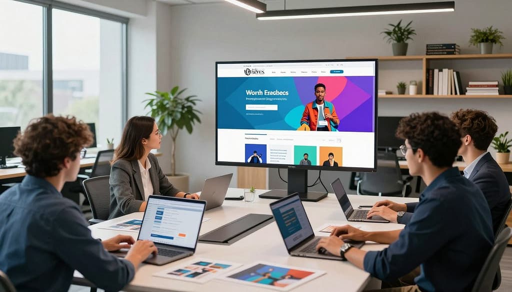 A modern WordPress web design agency workspace, featuring a sleek, open office with large windows letting in natural light. In the foreground, a diverse team of professionals in business attire collaborates around a high-end conference table with laptops and design mockups. In the middle, a large digital screen displays vibrant, interactive website designs. In the background, shelves lined with design books and greenery add a touch of warmth. The atmosphere is dynamic and innovative, with a bright, contemporary color palette. The lighting is soft yet bright, accentuating the modern furnishings and fostering a productive vibe. The angle captures the depth of the space, emphasizing teamwork and creativity. A modern WordPress web design agency workspace, featuring a sleek, open office with large windows letting in natural light. In the foreground, a diverse team of professionals in business attire collaborates around a high-end conference table with laptops and design mockups. In the middle, a large digital screen displays vibrant, interactive website designs. In the background, shelves lined with design books and greenery add a touch of warmth. The atmosphere is dynamic and innovative, with a bright, contemporary color palette. The lighting is soft yet bright, accentuating the modern furnishings and fostering a productive vibe. The angle captures the depth of the space, emphasizing teamwork and creativity.