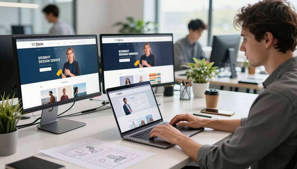 A modern and sleek workspace showcasing professional web design services. In the foreground, a designer, dressed in smart casual attire, is intently working on a laptop, surrounded by sketches and wireframes of website layouts. The middle ground features large monitors displaying vibrant, interactive website designs, emphasizing creativity and innovation. In the background, the office is well-lit with natural light streaming through large windows, reflecting a collaborative atmosphere with a few potted plants for a touch of greenery. Soft shadows add depth to the scene, conveying a sense of professionalism and focus. The overall mood is inspiring and dynamic, highlighting the significance of expert web design in achieving online success. The perspective is slightly angled for a more engaging view, allowing the viewer to feel part of the creative process. A modern and sleek workspace showcasing professional web design services. In the foreground, a designer, dressed in smart casual attire, is intently working on a laptop, surrounded by sketches and wireframes of website layouts. The middle ground features large monitors displaying vibrant, interactive website designs, emphasizing creativity and innovation. In the background, the office is well-lit with natural light streaming through large windows, reflecting a collaborative atmosphere with a few potted plants for a touch of greenery. Soft shadows add depth to the scene, conveying a sense of professionalism and focus. The overall mood is inspiring and dynamic, highlighting the significance of expert web design in achieving online success. The perspective is slightly angled for a more engaging view, allowing the viewer to feel part of the creative process.