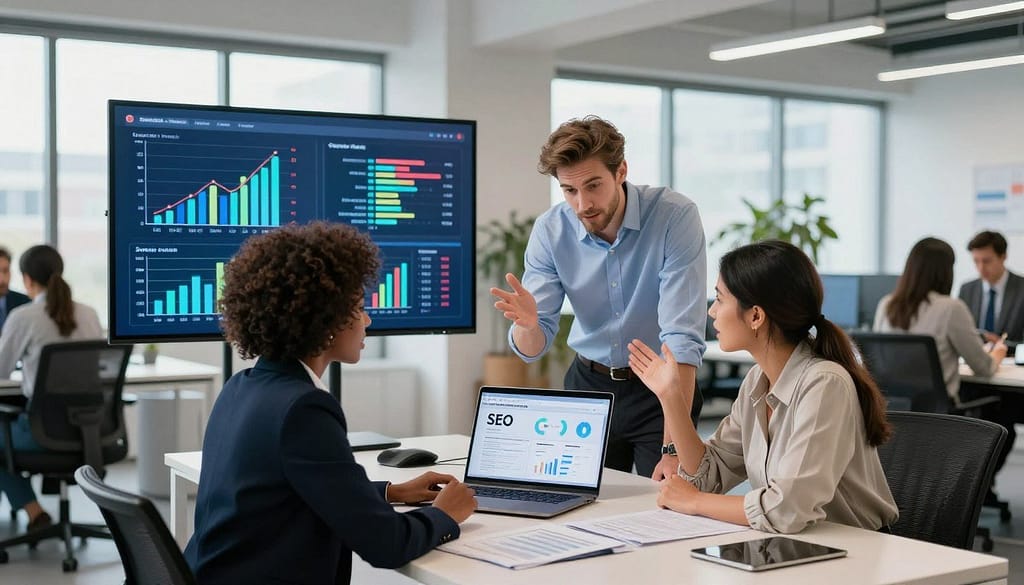A modern, bustling office environment filled with professionals collaborating on digital marketing strategies. In the foreground, a diverse group of three business people, including a Black woman in a smart blazer, a Caucasian man in a button-up shirt, and a Hispanic woman in a chic blouse, engaged in an animated discussion around a laptop displaying SEO analytics. The middle ground features a large digital screen showcasing vibrant graphs and charts related to SEO performance, while the background reveals a stylish, open-plan office with large windows allowing natural light to flood the space, creating a bright and inviting atmosphere. The mood is dynamic and focused, emphasizing teamwork and innovation in the digital marketing field. The scene is captured with a wide-angle lens for a dramatic effect. A modern, bustling office environment filled with professionals collaborating on digital marketing strategies. In the foreground, a diverse group of three business people, including a Black woman in a smart blazer, a Caucasian man in a button-up shirt, and a Hispanic woman in a chic blouse, engaged in an animated discussion around a laptop displaying SEO analytics. The middle ground features a large digital screen showcasing vibrant graphs and charts related to SEO performance, while the background reveals a stylish, open-plan office with large windows allowing natural light to flood the space, creating a bright and inviting atmosphere. The mood is dynamic and focused, emphasizing teamwork and innovation in the digital marketing field. The scene is captured with a wide-angle lens for a dramatic effect.