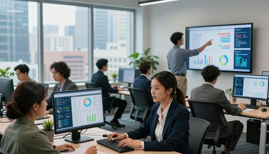 A modern office environment bustling with activity, showcasing a diverse team of professionals in business attire diligently working on digital marketing strategies. In the foreground, a confident female SEO specialist reviews analytical data on a computer screen, while a male content strategist points to colorful charts displayed on a wall-mounted screen. The middle ground captures a collaborative brainstorming session with diverse team members engaged in discussion using digital devices. In the background, large windows flood the room with natural light, providing a view of a vibrant city skyline. The atmosphere is dynamic and focused, reflecting innovation and teamwork, with a cool color palette of blues and greens enhances an energetic, professional vibe. A modern office environment bustling with activity, showcasing a diverse team of professionals in business attire diligently working on digital marketing strategies. In the foreground, a confident female SEO specialist reviews analytical data on a computer screen, while a male content strategist points to colorful charts displayed on a wall-mounted screen. The middle ground captures a collaborative brainstorming session with diverse team members engaged in discussion using digital devices. In the background, large windows flood the room with natural light, providing a view of a vibrant city skyline. The atmosphere is dynamic and focused, reflecting innovation and teamwork, with a cool color palette of blues and greens enhances an energetic, professional vibe.