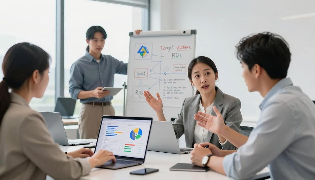 A modern office environment showcases a diverse group of four professionals engaging in a strategic meeting about Google Ads. In the foreground, a focused woman in business attire reviews colorful graphs and statistics on a laptop screen, while a man gestures enthusiastically, explaining ad strategies. The middle ground features a whiteboard filled with brainstorming notes and keywords related to digital marketing, such as “target audience” and “ROI.” In the background, large windows allow soft, natural light to illuminate the room, creating a bright and inviting atmosphere. The overall mood is collaborative and dynamic, reflecting the excitement of finding the ideal Google Ads agency to drive business growth, with a clean, professional aesthetic. A modern office environment showcases a diverse group of four professionals engaging in a strategic meeting about Google Ads. In the foreground, a focused woman in business attire reviews colorful graphs and statistics on a laptop screen, while a man gestures enthusiastically, explaining ad strategies. The middle ground features a whiteboard filled with brainstorming notes and keywords related to digital marketing, such as “target audience” and “ROI.” In the background, large windows allow soft, natural light to illuminate the room, creating a bright and inviting atmosphere. The overall mood is collaborative and dynamic, reflecting the excitement of finding the ideal Google Ads agency to drive business growth, with a clean, professional aesthetic.