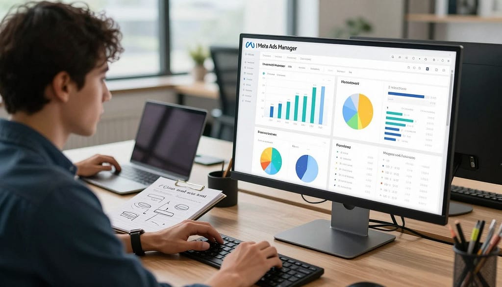 A modern office workspace showcasing a sleek Meta Ads Manager dashboard on a large computer monitor, prominently displayed in the foreground. The dashboard features interactive graphs, ad campaign metrics, and colorful analytics visuals, all within a user-friendly interface. In the middle ground, a focused marketing professional, dressed in smart casual attire, analyzes the data, using a laptop and a notepad filled with marketing strategies. The background reveals a contemporary office with large windows, allowing natural light to illuminate the scene, enhancing a productive atmosphere. The overall mood is one of concentration and empowerment, emphasizing the user-friendly nature of the Meta Ads Manager. The composition is captured from a slightly elevated angle, giving a comprehensive view of the workspace and dashboard. A modern office workspace showcasing a sleek Meta Ads Manager dashboard on a large computer monitor, prominently displayed in the foreground. The dashboard features interactive graphs, ad campaign metrics, and colorful analytics visuals, all within a user-friendly interface. In the middle ground, a focused marketing professional, dressed in smart casual attire, analyzes the data, using a laptop and a notepad filled with marketing strategies. The background reveals a contemporary office with large windows, allowing natural light to illuminate the scene, enhancing a productive atmosphere. The overall mood is one of concentration and empowerment, emphasizing the user-friendly nature of the Meta Ads Manager. The composition is captured from a slightly elevated angle, giving a comprehensive view of the workspace and dashboard.