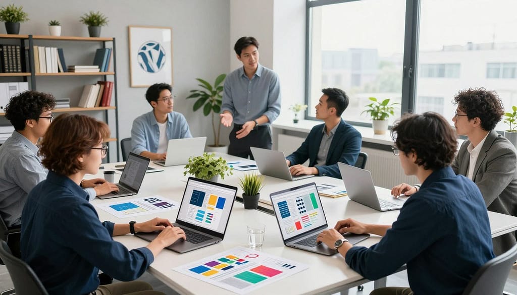 A modern, sleek office space showcasing a diverse team of professionals collaborating on WordPress web design projects. In the foreground, a focused designer works on a laptop, surrounded by colorful wireframes and design sketches. In the middle, a project manager discusses ideas with team members seated around a large table, all dressed in smart business attire. The background features shelves filled with design books, plants, and inspirational artwork related to web design. Bright natural light streams through large windows, creating an inviting atmosphere. The mood is dynamic and productive, reflecting innovation and teamwork in web development, emphasizing the effectiveness of WordPress for business solutions. Shot with a wide-angle lens, highlighting the collaborative environment. A modern, sleek office space showcasing a diverse team of professionals collaborating on WordPress web design projects. In the foreground, a focused designer works on a laptop, surrounded by colorful wireframes and design sketches. In the middle, a project manager discusses ideas with team members seated around a large table, all dressed in smart business attire. The background features shelves filled with design books, plants, and inspirational artwork related to web design. Bright natural light streams through large windows, creating an inviting atmosphere. The mood is dynamic and productive, reflecting innovation and teamwork in web development, emphasizing the effectiveness of WordPress for business solutions. Shot with a wide-angle lens, highlighting the collaborative environment.
