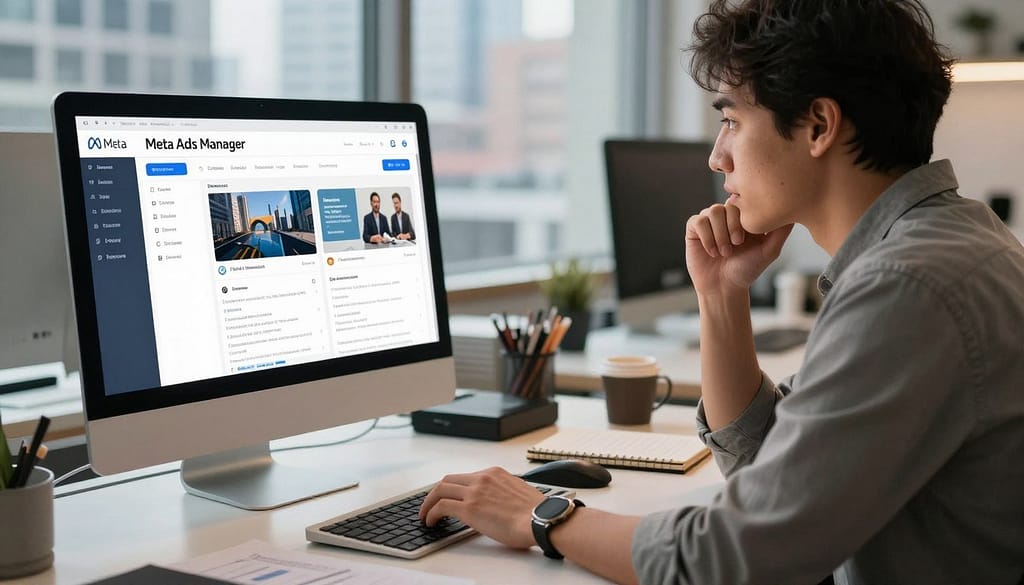 A modern workspace featuring a sleek computer screen displaying the Meta Ads Manager interface. In the foreground, a professional individual, dressed in business casual attire, is actively engaged in creating an ad campaign, with a thoughtful expression. The middle ground includes an organized desk adorned with marketing materials, a notepad, and a coffee mug, enhancing the theme of productivity. In the background, a bright window reveals a bustling cityscape, indicating a dynamic business environment. The lighting is warm and inviting, highlighting the individual's focused demeanor while casting soft shadows, evoking a sense of creativity and opportunity. The angle captures both the computer screen and the individual, creating an intimate and engaging atmosphere. A modern workspace featuring a sleek computer screen displaying the Meta Ads Manager interface. In the foreground, a professional individual, dressed in business casual attire, is actively engaged in creating an ad campaign, with a thoughtful expression. The middle ground includes an organized desk adorned with marketing materials, a notepad, and a coffee mug, enhancing the theme of productivity. In the background, a bright window reveals a bustling cityscape, indicating a dynamic business environment. The lighting is warm and inviting, highlighting the individual's focused demeanor while casting soft shadows, evoking a sense of creativity and opportunity. The angle captures both the computer screen and the individual, creating an intimate and engaging atmosphere.