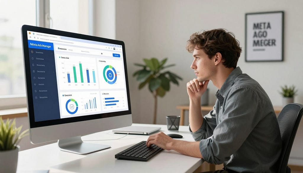 A sleek, modern digital workspace representing the Meta Ads Manager interface, prominently displayed on a large monitor in the foreground. The screen showcases vibrant graphics and charts illustrating advertising metrics, with clear navigation elements. In the middle ground, a professional marketer, dressed in smart casual attire, is seated at a stylish desk, thoughtfully reviewing the data. Soft, natural light streams in through a nearby window, creating a warm and inviting atmosphere. The background features a minimalistic office setting, with plants and framed motivational quotes on the walls. The overall mood is focused, engaging, and inspiring, inviting viewers to explore the world of digital marketing. The image has a sharp focus, with a slight depth of field effect to emphasize the workspace. A sleek, modern digital workspace representing the Meta Ads Manager interface, prominently displayed on a large monitor in the foreground. The screen showcases vibrant graphics and charts illustrating advertising metrics, with clear navigation elements. In the middle ground, a professional marketer, dressed in smart casual attire, is seated at a stylish desk, thoughtfully reviewing the data. Soft, natural light streams in through a nearby window, creating a warm and inviting atmosphere. The background features a minimalistic office setting, with plants and framed motivational quotes on the walls. The overall mood is focused, engaging, and inspiring, inviting viewers to explore the world of digital marketing. The image has a sharp focus, with a slight depth of field effect to emphasize the workspace.