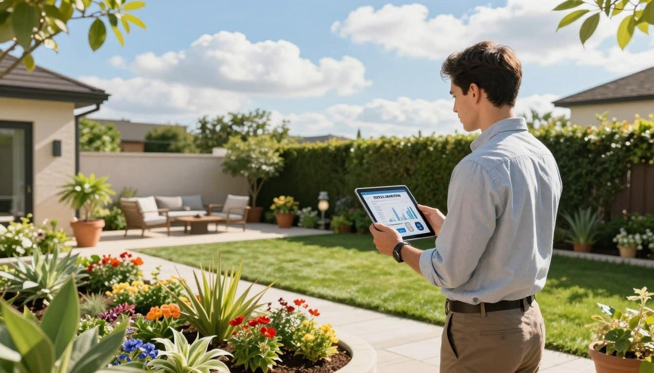 A professional landscaper, dressed in smart casual attire, stands in a beautifully landscaped garden holding a tablet displaying digital marketing data. In the foreground, vibrant flower beds showcase diverse plants, while neat pathways meander through lush green lawns. In the middle ground, a well-maintained backyard includes a modern patio area with outdoor furniture and decorative features like potted plants. The background features a bright blue sky with fluffy white clouds, symbolizing a sunny day perfect for outdoor work. Soft, warm lighting casts pleasant shadows, creating an inviting atmosphere. The overall mood conveys professionalism and innovation in digital marketing tailored for landscaping businesses, emphasizing the balance between nature and technology. A professional landscaper, dressed in smart casual attire, stands in a beautifully landscaped garden holding a tablet displaying digital marketing data. In the foreground, vibrant flower beds showcase diverse plants, while neat pathways meander through lush green lawns. In the middle ground, a well-maintained backyard includes a modern patio area with outdoor furniture and decorative features like potted plants. The background features a bright blue sky with fluffy white clouds, symbolizing a sunny day perfect for outdoor work. Soft, warm lighting casts pleasant shadows, creating an inviting atmosphere. The overall mood conveys professionalism and innovation in digital marketing tailored for landscaping businesses, emphasizing the balance between nature and technology.