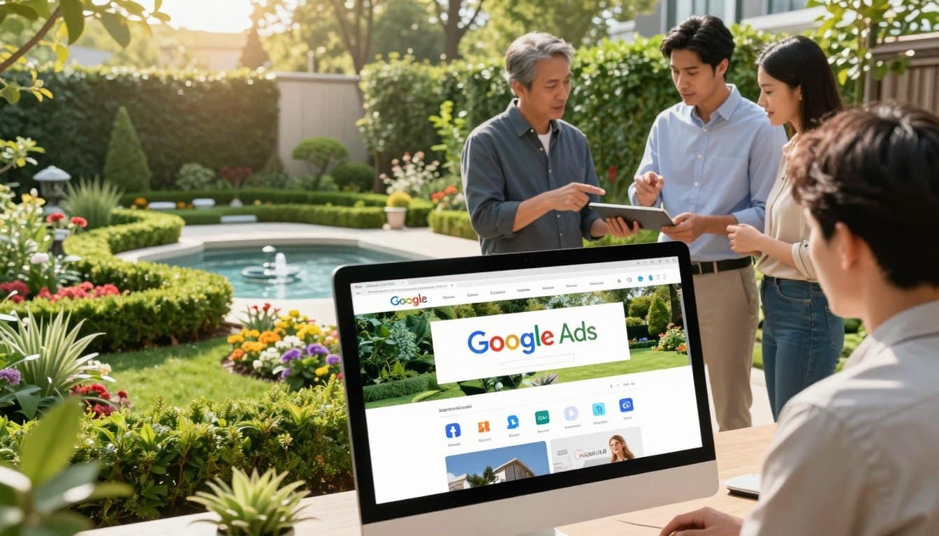 A vibrant and engaging digital marketing scene focused on landscaping services. In the foreground, display a computer screen showcasing various online advertising platforms like Google Ads and social media icons amidst lush greenery. The middle ground features a meticulously landscaped garden with colorful flowers, manicured hedges, and a small water feature, symbolizing growth and beauty. In the background, a professional team, dressed in smart casual attire, discusses marketing strategies while pointing at a digital tablet, highlighting collaboration and innovation. The lighting is bright and inviting, with sunlight filtering through the trees, creating a warm and optimistic atmosphere. Capture this scene from a slightly elevated angle to provide a comprehensive view that emphasizes both technology and nature. A vibrant and engaging digital marketing scene focused on landscaping services. In the foreground, display a computer screen showcasing various online advertising platforms like Google Ads and social media icons amidst lush greenery. The middle ground features a meticulously landscaped garden with colorful flowers, manicured hedges, and a small water feature, symbolizing growth and beauty. In the background, a professional team, dressed in smart casual attire, discusses marketing strategies while pointing at a digital tablet, highlighting collaboration and innovation. The lighting is bright and inviting, with sunlight filtering through the trees, creating a warm and optimistic atmosphere. Capture this scene from a slightly elevated angle to provide a comprehensive view that emphasizes both technology and nature.
