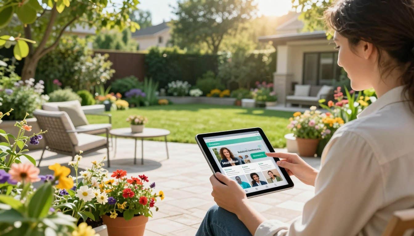 A vibrant and engaging scene depicting social media marketing for a landscaping business. In the foreground, a professional-looking individual, dressed in business casual attire, is using a tablet to interact with social media on a beautifully landscaped patio filled with colorful flowers and greenery. The middle space features a backdrop of lush gardens, manicured lawns, and stylish outdoor furniture, showcasing the results of successful landscaping work. Bright sunlight filters through the trees, creating a warm and inviting atmosphere, while a gentle breeze adds a sense of motion to the surrounding foliage. The overall mood is lively and optimistic, emphasizing growth and connection through digital marketing. A vibrant and engaging scene depicting social media marketing for a landscaping business. In the foreground, a professional-looking individual, dressed in business casual attire, is using a tablet to interact with social media on a beautifully landscaped patio filled with colorful flowers and greenery. The middle space features a backdrop of lush gardens, manicured lawns, and stylish outdoor furniture, showcasing the results of successful landscaping work. Bright sunlight filters through the trees, creating a warm and inviting atmosphere, while a gentle breeze adds a sense of motion to the surrounding foliage. The overall mood is lively and optimistic, emphasizing growth and connection through digital marketing.