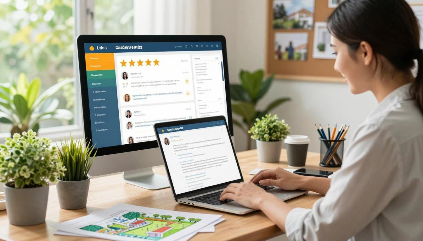 A vibrant and inviting scene depicting a digital workspace dedicated to managing online reviews for landscaping businesses. In the foreground, a professional in smart casual attire is intently reviewing customer feedback on a sleek laptop, surrounded by potted plants and landscaping design sketches. The middle ground features a colorful dashboard displaying star ratings and customer comments, giving a glimpse into the online reputation management process. In the background, a softly lit room with greenery, sunlight filtering through a window, and a corkboard displaying successful project photos creates an inspiring atmosphere. The overall mood is positive and productive, highlighting the importance of cultivating an excellent online presence. The image is framed with a slight angle to emphasize depth while maintaining clarity across all elements. A vibrant and inviting scene depicting a digital workspace dedicated to managing online reviews for landscaping businesses. In the foreground, a professional in smart casual attire is intently reviewing customer feedback on a sleek laptop, surrounded by potted plants and landscaping design sketches. The middle ground features a colorful dashboard displaying star ratings and customer comments, giving a glimpse into the online reputation management process. In the background, a softly lit room with greenery, sunlight filtering through a window, and a corkboard displaying successful project photos creates an inspiring atmosphere. The overall mood is positive and productive, highlighting the importance of cultivating an excellent online presence. The image is framed with a slight angle to emphasize depth while maintaining clarity across all elements.