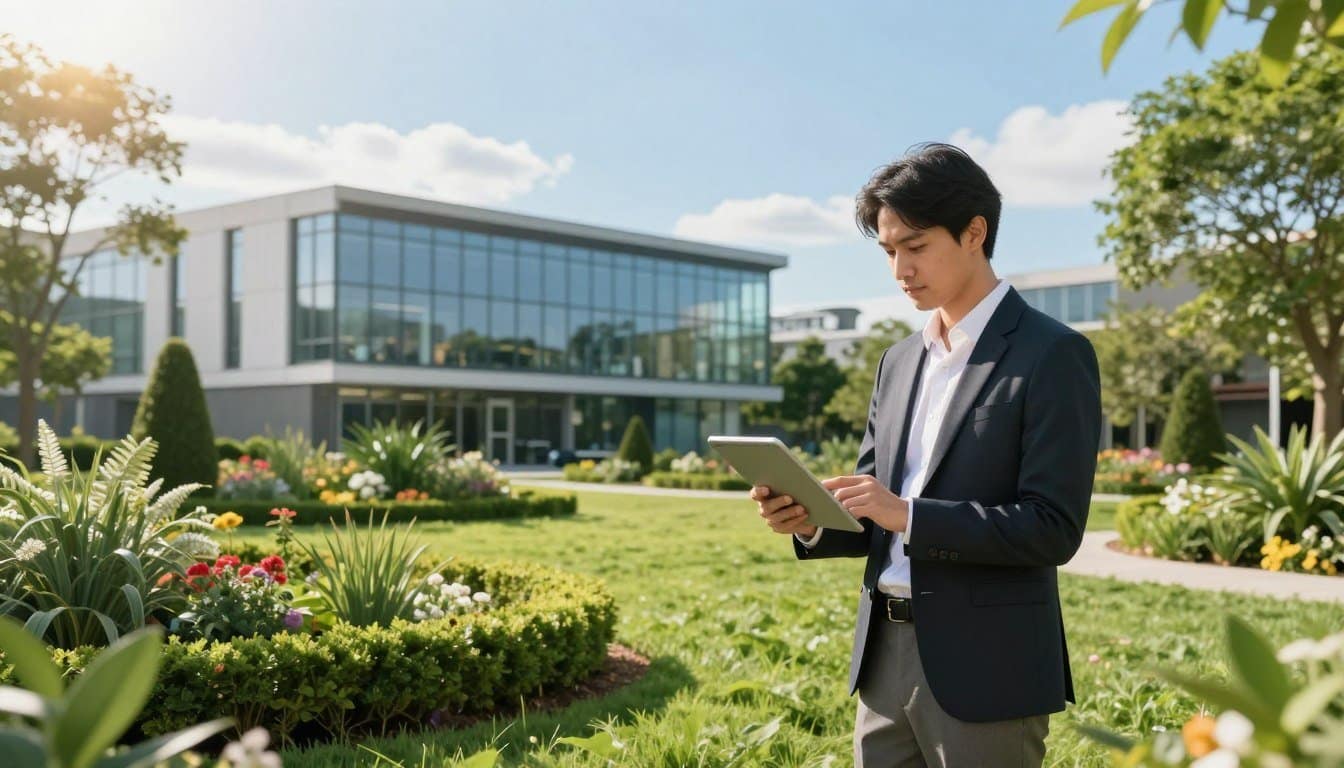 A vibrant, digitally-rendered landscape showcasing an outdoor digital marketing strategy, featuring a professional in smart business attire analyzing data on a tablet, surrounded by lush greenery and attractive landscaping elements. In the foreground, detailed flower beds and neatly trimmed hedges represent an attractive garden design. The middle ground highlights a sleek, modern office building with large windows, symbolizing the digital aspect of marketing. In the background, a clear blue sky with soft, warm sunlight illuminates the scene, creating an inviting atmosphere. The overall mood is professional, inspiring trust and confidence, with a focus on the synergy between nature and technology in enhancing online reputation. A vibrant, digitally-rendered landscape showcasing an outdoor digital marketing strategy, featuring a professional in smart business attire analyzing data on a tablet, surrounded by lush greenery and attractive landscaping elements. In the foreground, detailed flower beds and neatly trimmed hedges represent an attractive garden design. The middle ground highlights a sleek, modern office building with large windows, symbolizing the digital aspect of marketing. In the background, a clear blue sky with soft, warm sunlight illuminates the scene, creating an inviting atmosphere. The overall mood is professional, inspiring trust and confidence, with a focus on the synergy between nature and technology in enhancing online reputation.