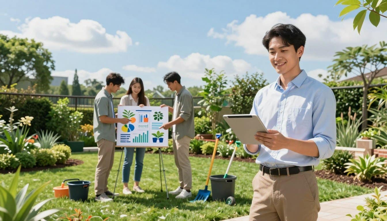 A vibrant landscape showcasing a modern digital marketing strategy for a landscaping business. In the foreground, a professional businessperson dressed in smart casual attire stands confidently with a tablet, analyzing data insights. In the middle ground, a team collaborates over a colorful chart and plants, discussing online marketing trends. The background features lush greenery, well-maintained gardens, and a variety of landscaping tools, all under bright, natural sunlight. The sky is clear with a few fluffy clouds, creating an optimistic atmosphere. The image should have a bright and inviting ambiance with a focus on teamwork and innovation in the landscaping industry, captured from an eye-level angle to emphasize connection and engagement. A vibrant landscape showcasing a modern digital marketing strategy for a landscaping business. In the foreground, a professional businessperson dressed in smart casual attire stands confidently with a tablet, analyzing data insights. In the middle ground, a team collaborates over a colorful chart and plants, discussing online marketing trends. The background features lush greenery, well-maintained gardens, and a variety of landscaping tools, all under bright, natural sunlight. The sky is clear with a few fluffy clouds, creating an optimistic atmosphere. The image should have a bright and inviting ambiance with a focus on teamwork and innovation in the landscaping industry, captured from an eye-level angle to emphasize connection and engagement.