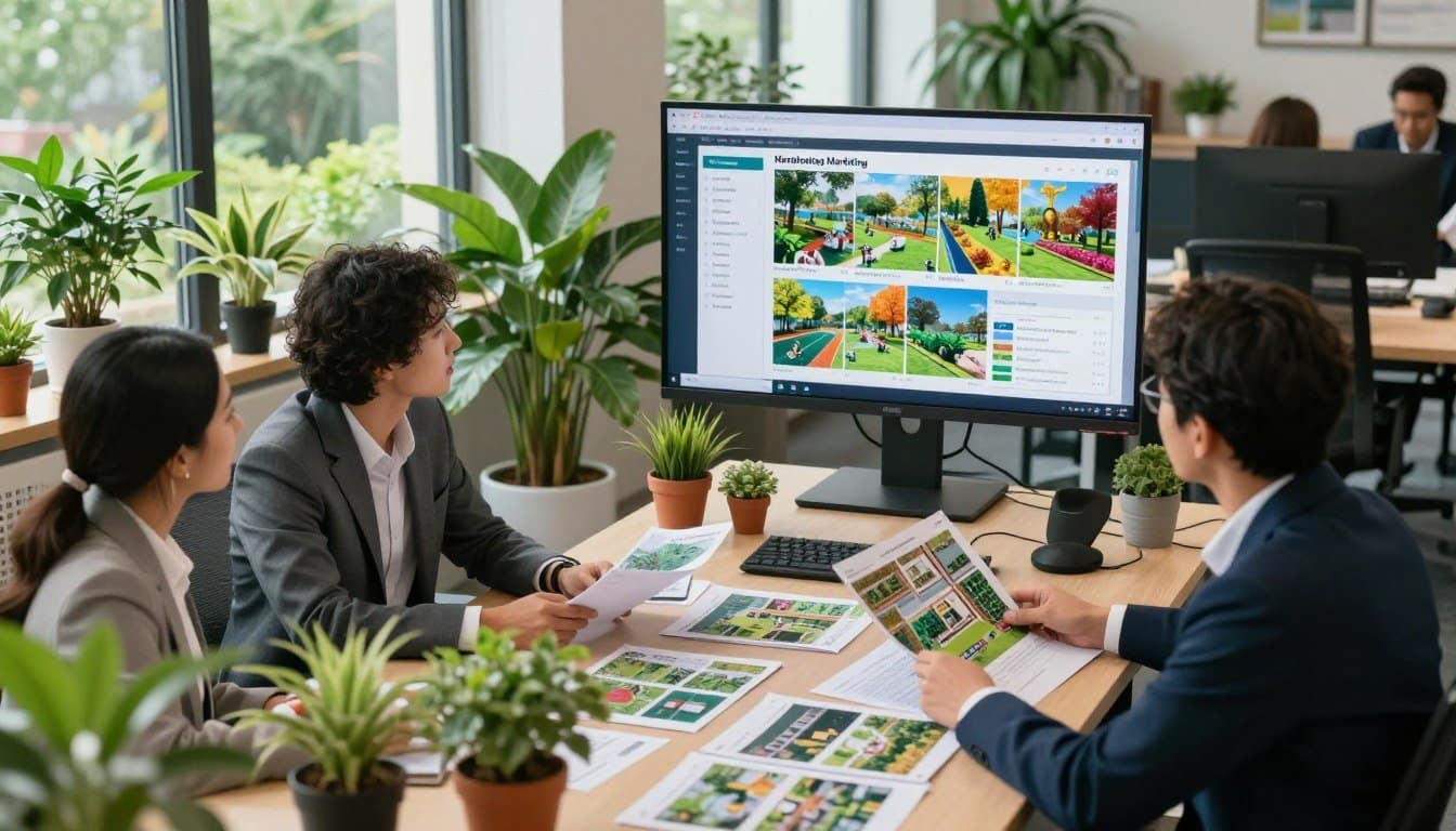 A vibrant office environment showcasing a specialized landscaping digital marketing agency. In the foreground, a diverse team of three professionals in business attire is engaged in a brainstorming session, surrounded by potted plants and landscaping brochures. The middle section features a large screen displaying digital marketing analytics and colorful landscaping project images, illustrating the agency's creativity and expertise. In the background, large windows illuminate the space with natural light, revealing a view of a lush garden. The atmosphere is collaborative and energetic, reflecting innovation and growth in the digital marketing landscape. The perspective is a slightly elevated angle, enhancing depth and focus on the team’s engagement with the project. A vibrant office environment showcasing a specialized landscaping digital marketing agency. In the foreground, a diverse team of three professionals in business attire is engaged in a brainstorming session, surrounded by potted plants and landscaping brochures. The middle section features a large screen displaying digital marketing analytics and colorful landscaping project images, illustrating the agency's creativity and expertise. In the background, large windows illuminate the space with natural light, revealing a view of a lush garden. The atmosphere is collaborative and energetic, reflecting innovation and growth in the digital marketing landscape. The perspective is a slightly elevated angle, enhancing depth and focus on the team’s engagement with the project.