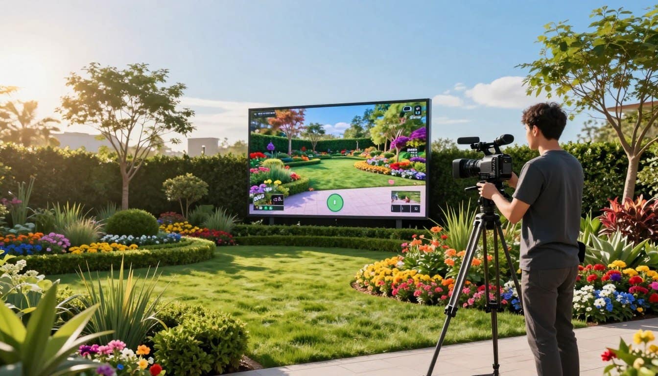 A vibrant outdoor scene capturing the essence of landscaping marketing through video production. In the foreground, a professional videographer in smart casual attire operates a camera on a tripod, focusing on a beautifully landscaped garden featuring colorful flowers and manicured hedges. The middle ground showcases a large screen displaying video content of the garden, highlighting its features and benefits. In the background, a clear blue sky and softly lit sun cast a warm glow on the scene, enhancing the inviting atmosphere. Lush greenery surrounds the area, with a few trees providing some depth. The composition emphasizes a harmonious blend of nature and technology, illustrating the importance of visual storytelling in landscaping marketing. Use a wide-angle lens for an expansive view, capturing the vibrant colors while maintaining a professional, engaging mood. A vibrant outdoor scene capturing the essence of landscaping marketing through video production. In the foreground, a professional videographer in smart casual attire operates a camera on a tripod, focusing on a beautifully landscaped garden featuring colorful flowers and manicured hedges. The middle ground showcases a large screen displaying video content of the garden, highlighting its features and benefits. In the background, a clear blue sky and softly lit sun cast a warm glow on the scene, enhancing the inviting atmosphere. Lush greenery surrounds the area, with a few trees providing some depth. The composition emphasizes a harmonious blend of nature and technology, illustrating the importance of visual storytelling in landscaping marketing. Use a wide-angle lens for an expansive view, capturing the vibrant colors while maintaining a professional, engaging mood.