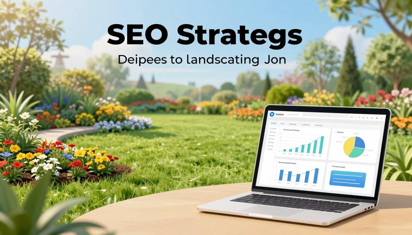 A visually engaging infographic-style illustration showcasing SEO strategies specifically designed for landscaping businesses. In the foreground, display elements like a laptop open to a website analytics dashboard with graphs and charts. The middle ground features attractive landscaping visuals, such as lush green lawns and colorful flower beds, symbolizing successful landscaping projects. In the background, include a serene garden landscape under a bright blue sky to convey growth and professionalism. Use warm, natural lighting to create a welcoming atmosphere, emphasizing the connection between digital marketing and the beauty of landscaping. The image should have a clean layout, ensuring clarity without any text, maintaining a professional and informative vibe. A visually engaging infographic-style illustration showcasing SEO strategies specifically designed for landscaping businesses. In the foreground, display elements like a laptop open to a website analytics dashboard with graphs and charts. The middle ground features attractive landscaping visuals, such as lush green lawns and colorful flower beds, symbolizing successful landscaping projects. In the background, include a serene garden landscape under a bright blue sky to convey growth and professionalism. Use warm, natural lighting to create a welcoming atmosphere, emphasizing the connection between digital marketing and the beauty of landscaping. The image should have a clean layout, ensuring clarity without any text, maintaining a professional and informative vibe.