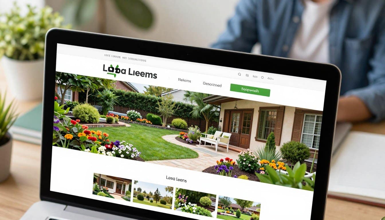 A visually appealing website design for a local landscaping business, showcasing a clean and user-friendly interface. In the foreground, feature a computer screen displaying the website, with vibrant images of beautifully landscaped gardens and outdoor spaces, including flowers, shrubs, and patios. In the middle ground, include hands of a professional in business attire working on a laptop, illustrating the design process. The background should be a serene workspace with plants and landscaping books, evoking a harmonious and inviting atmosphere. The lighting is bright and natural, enhancing the colors of the images on the screen. Use a slight angle to create depth, emphasizing a modern, approachable aesthetic that appeals to local homeowners. A visually appealing website design for a local landscaping business, showcasing a clean and user-friendly interface. In the foreground, feature a computer screen displaying the website, with vibrant images of beautifully landscaped gardens and outdoor spaces, including flowers, shrubs, and patios. In the middle ground, include hands of a professional in business attire working on a laptop, illustrating the design process. The background should be a serene workspace with plants and landscaping books, evoking a harmonious and inviting atmosphere. The lighting is bright and natural, enhancing the colors of the images on the screen. Use a slight angle to create depth, emphasizing a modern, approachable aesthetic that appeals to local homeowners.
