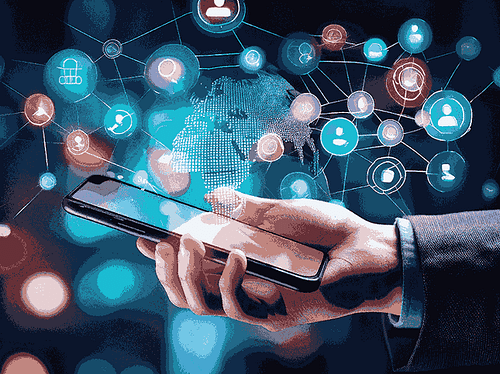 Hand holding phone with network social media icons