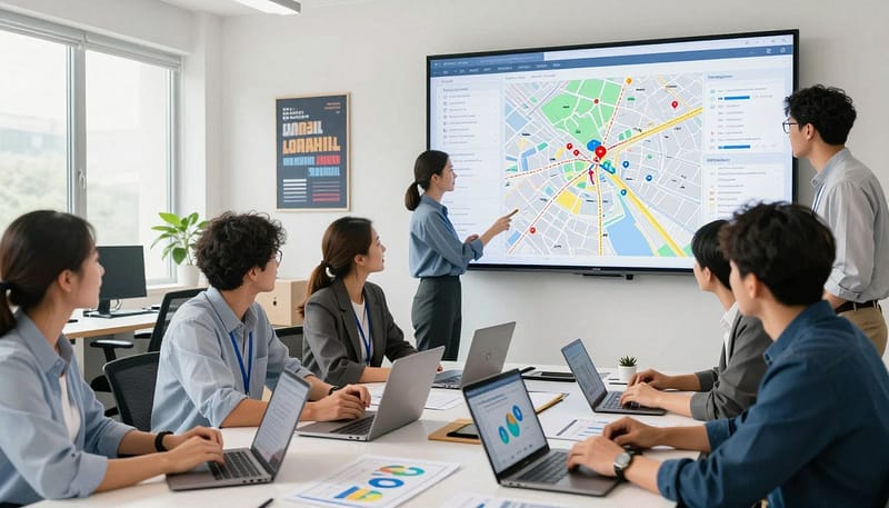 A busy local contractor's office scene set in the foreground, featuring a diverse group of contractors in professional business attire, engaged in a brainstorming session. They are surrounded by digital marketing tools like laptops, tablets, and charts displaying geotargeting strategies and local marketing data. In the middle ground, a large digital map on the wall highlights targeted neighborhoods, pinpoints, and demographic details. In the background, a bright, modern office space with motivational posters and a large window letting in natural light creates an inviting atmosphere. Use a wide-angle lens to capture the energy of collaboration, with a focus on clarity and professionalism, emulating a warm and proactive mood. A busy local contractor's office scene set in the foreground, featuring a diverse group of contractors in professional business attire, engaged in a brainstorming session. They are surrounded by digital marketing tools like laptops, tablets, and charts displaying geotargeting strategies and local marketing data. In the middle ground, a large digital map on the wall highlights targeted neighborhoods, pinpoints, and demographic details. In the background, a bright, modern office space with motivational posters and a large window letting in natural light creates an inviting atmosphere. Use a wide-angle lens to capture the energy of collaboration, with a focus on clarity and professionalism, emulating a warm and proactive mood.