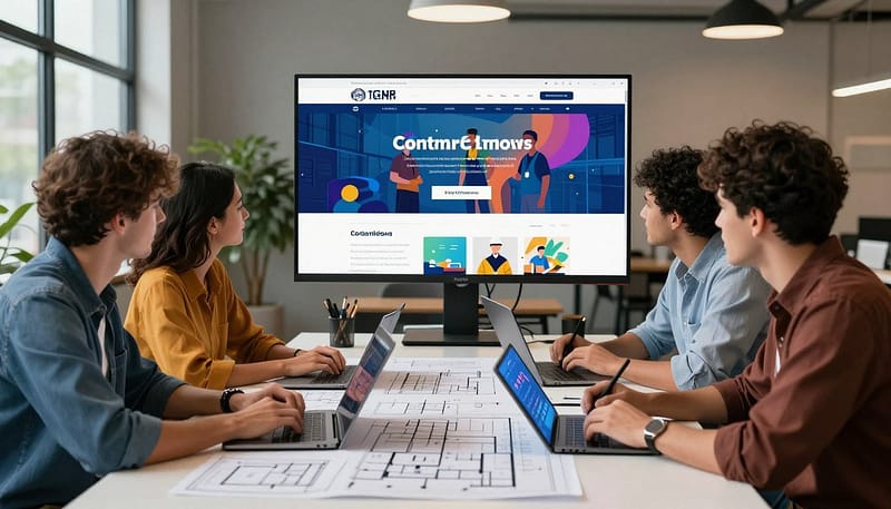 A dynamic digital marketing workspace showcasing contractors at work. In the foreground, a diverse group of professionals in smart casual attire collaborates at a sleek, modern table covered with laptops, digital tablets, and architectural blueprints. The middle ground features a large screen displaying a vibrant website mockup for a contracting business, highlighting its user-friendly interface and engaging visuals. The background consists of a stylish office setting with large windows letting in natural light, creating an inviting atmosphere. Soft, warm lighting accentuates the focused expressions of the team, while decorative plants add a touch of life. The overall mood conveys professionalism, innovation, and teamwork, emphasizing the importance of a strong digital presence for contractors. A dynamic digital marketing workspace showcasing contractors at work. In the foreground, a diverse group of professionals in smart casual attire collaborates at a sleek, modern table covered with laptops, digital tablets, and architectural blueprints. The middle ground features a large screen displaying a vibrant website mockup for a contracting business, highlighting its user-friendly interface and engaging visuals. The background consists of a stylish office setting with large windows letting in natural light, creating an inviting atmosphere. Soft, warm lighting accentuates the focused expressions of the team, while decorative plants add a touch of life. The overall mood conveys professionalism, innovation, and teamwork, emphasizing the importance of a strong digital presence for contractors.