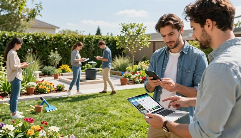 A modern landscaping service team in a vibrant outdoor setting, actively engaging with their smartphones and tablets to manage social media content about their landscaping projects. In the foreground, two professionals in casual but smart attire, sharing ideas and discussing strategies, set against a backdrop of lush green lawns and colorful blooming flowers. The middle layer features a well-maintained garden area, showcasing diverse plants, landscaping tools, and a laptop displaying social media insights. In the background, a clear blue sky and soft sunlight create an inviting atmosphere, enhancing the lively, collaborative spirit of integrating social media marketing into their landscaping business strategy. Shot with a slight angle to convey action and connection among the team. A modern landscaping service team in a vibrant outdoor setting, actively engaging with their smartphones and tablets to manage social media content about their landscaping projects. In the foreground, two professionals in casual but smart attire, sharing ideas and discussing strategies, set against a backdrop of lush green lawns and colorful blooming flowers. The middle layer features a well-maintained garden area, showcasing diverse plants, landscaping tools, and a laptop displaying social media insights. In the background, a clear blue sky and soft sunlight create an inviting atmosphere, enhancing the lively, collaborative spirit of integrating social media marketing into their landscaping business strategy. Shot with a slight angle to convey action and connection among the team.