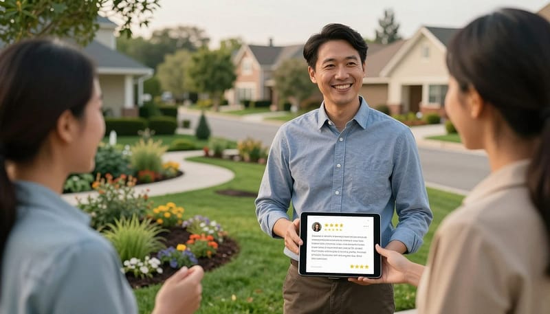 A professional, well-dressed landscape business owner stands confidently in the foreground, engaging in a friendly conversation with a satisfied client, both smiling. The recipient holds a glowing review on a tablet, showcasing a positive message about the landscaping services. In the middle ground, diverse lush gardens and beautifully manicured lawns illustrate the company's work. In the background, a picturesque neighborhood setting with well-kept homes and trees creates a serene atmosphere. Soft, warm lighting evokes a feeling of trust and community, while a slightly blurred depth of field focuses on the interaction between the owner and client. The overall mood is inviting and optimistic, emphasizing the value of reviews and referrals in building a successful landscaping business. A professional, well-dressed landscape business owner stands confidently in the foreground, engaging in a friendly conversation with a satisfied client, both smiling. The recipient holds a glowing review on a tablet, showcasing a positive message about the landscaping services. In the middle ground, diverse lush gardens and beautifully manicured lawns illustrate the company's work. In the background, a picturesque neighborhood setting with well-kept homes and trees creates a serene atmosphere. Soft, warm lighting evokes a feeling of trust and community, while a slightly blurred depth of field focuses on the interaction between the owner and client. The overall mood is inviting and optimistic, emphasizing the value of reviews and referrals in building a successful landscaping business.
