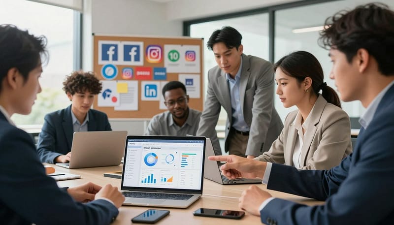 A vibrant and engaging scene showcasing a group of diverse contractors, both men and women, in professional business attire, gathered around a table with laptops and smartphones in a modern office setting. In the foreground, a contractor points at a social media dashboard displayed on a laptop, highlighting metrics and engagement statistics. In the middle ground, a bulletin board filled with colorful infographics and social media logos, such as Facebook, Instagram, and LinkedIn, conveys the essence of digital marketing. The background features large windows letting in natural light, creating an inviting atmosphere. Soft, warm lighting enhances the mood of collaboration and innovation, with a focus on learning. The angle should provide a dynamic perspective, capturing the energy and teamwork involved in leveraging social media platforms effectively for contractors. A vibrant and engaging scene showcasing a group of diverse contractors, both men and women, in professional business attire, gathered around a table with laptops and smartphones in a modern office setting. In the foreground, a contractor points at a social media dashboard displayed on a laptop, highlighting metrics and engagement statistics. In the middle ground, a bulletin board filled with colorful infographics and social media logos, such as Facebook, Instagram, and LinkedIn, conveys the essence of digital marketing. The background features large windows letting in natural light, creating an inviting atmosphere. Soft, warm lighting enhances the mood of collaboration and innovation, with a focus on learning. The angle should provide a dynamic perspective, capturing the energy and teamwork involved in leveraging social media platforms effectively for contractors.