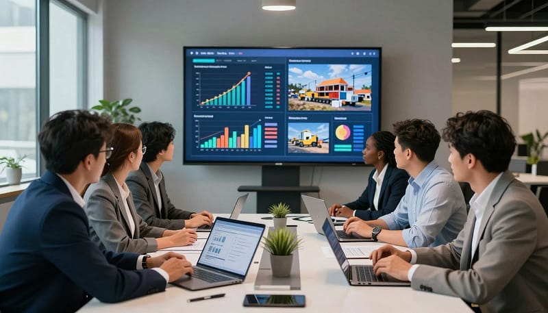 A vibrant digital marketing scene tailored for contractors. In the foreground, a diverse group of professionals in smart business attire is engaged around a modern conference table, analyzing digital marketing strategies on laptops and tablets. The middle ground features a large digital display showcasing various marketing metrics and project plans, with colorful graphs and images relevant to the construction industry. In the background, a stylish office environment with large windows letting in soft, natural light, enhancing a productive atmosphere. The overall mood is collaborative and forward-thinking, emphasizing innovation in the contractor sector. The composition is captured with a wide-angle perspective, creating an inviting depth that draws the viewer into this dynamic business setting. A vibrant digital marketing scene tailored for contractors. In the foreground, a diverse group of professionals in smart business attire is engaged around a modern conference table, analyzing digital marketing strategies on laptops and tablets. The middle ground features a large digital display showcasing various marketing metrics and project plans, with colorful graphs and images relevant to the construction industry. In the background, a stylish office environment with large windows letting in soft, natural light, enhancing a productive atmosphere. The overall mood is collaborative and forward-thinking, emphasizing innovation in the contractor sector. The composition is captured with a wide-angle perspective, creating an inviting depth that draws the viewer into this dynamic business setting.