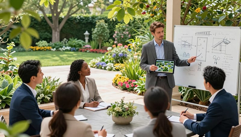 A vibrant outdoor scene showcasing a landscape marketing strategy meeting. In the foreground, a diverse group of professionally dressed individuals, including a Caucasian man presenting a digital tablet displaying landscape designs, a Black woman taking notes, and a Hispanic man brainstorming ideas on a whiteboard. In the middle, an elegant patio with lush green plants and colorful flowers, symbolizing successful landscaping. The background features a beautiful garden with trees and flower beds, demonstrating the results of effective landscaping. Soft, natural lighting filters through the leaves, creating an inviting atmosphere. The scene is captured from a slightly elevated angle to provide an overview of the teamwork in action, evoking a sense of collaboration and success in landscaping marketing strategies. A vibrant outdoor scene showcasing a landscape marketing strategy meeting. In the foreground, a diverse group of professionally dressed individuals, including a Caucasian man presenting a digital tablet displaying landscape designs, a Black woman taking notes, and a Hispanic man brainstorming ideas on a whiteboard. In the middle, an elegant patio with lush green plants and colorful flowers, symbolizing successful landscaping. The background features a beautiful garden with trees and flower beds, demonstrating the results of effective landscaping. Soft, natural lighting filters through the leaves, creating an inviting atmosphere. The scene is captured from a slightly elevated angle to provide an overview of the teamwork in action, evoking a sense of collaboration and success in landscaping marketing strategies.