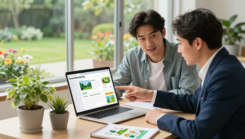 A vibrant, professional digital illustration representing email marketing strategies for landscaping services. In the foreground, a well-organized desk features a laptop displaying an email marketing campaign dashboard, lush potted plants, and a notepad with colorful sketches of garden designs. In the middle, a diverse team of two individuals—one in business casual attire and the other in a smart suit—are engaged in a brainstorming session, pointing at the laptop screen with enthusiasm. In the background, a large window reveals a beautiful, sunlit garden with well-maintained lawns and blooming flowers, symbolizing a successful landscaping business. The lighting is bright and inviting, creating a positive and collaborative atmosphere that conveys professionalism and creativity. The overall mood is focused, dynamic, and inspiring, perfect for illustrating effective email marketing strategies. A vibrant, professional digital illustration representing email marketing strategies for landscaping services. In the foreground, a well-organized desk features a laptop displaying an email marketing campaign dashboard, lush potted plants, and a notepad with colorful sketches of garden designs. In the middle, a diverse team of two individuals—one in business casual attire and the other in a smart suit—are engaged in a brainstorming session, pointing at the laptop screen with enthusiasm. In the background, a large window reveals a beautiful, sunlit garden with well-maintained lawns and blooming flowers, symbolizing a successful landscaping business. The lighting is bright and inviting, creating a positive and collaborative atmosphere that conveys professionalism and creativity. The overall mood is focused, dynamic, and inspiring, perfect for illustrating effective email marketing strategies.