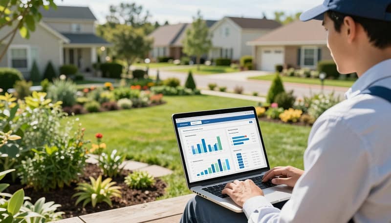 An engaging image depicting local SEO strategies for landscaping services. In the foreground, a professional landscaper in business attire examines a laptop displaying graphs and data related to search engine performance. The middle ground features a lush, well-maintained garden showcasing various plants and landscaping features, symbolizing organic growth. In the background, a serene neighborhood with homes and well-kept yards illustrates the local community aspect. The lighting is bright and natural, suggesting a sunny day, with a focus on the laptop screen to highlight the technical details of SEO. The mood conveys professionalism and optimism, presenting a clear connection between landscaping and digital marketing. Ensure the overall composition is harmonious and visually appealing without any text or overlays.