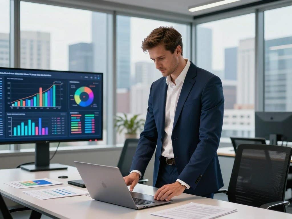 A confident white male AI marketing consultant stands in a modern office setting, intently analyzing data on a sleek laptop. He wears smart business attire: a tailored navy suit and a crisp white shirt, exuding professionalism. In the foreground, a large screen displays colorful graphs and AI algorithms, symbolizing advanced marketing strategies. The middle ground features a stylish conference table with digital devices and marketing materials laid out. The background showcases large windows with a view of a vibrant city skyline, bathed in soft natural light. The atmosphere is dynamic and innovative, reflecting a sense of growth and forward-thinking, capturing the essence of what an AI marketing consultant does differently. A confident white male AI marketing consultant stands in a modern office setting, intently analyzing data on a sleek laptop. He wears smart business attire: a tailored navy suit and a crisp white shirt, exuding professionalism. In the foreground, a large screen displays colorful graphs and AI algorithms, symbolizing advanced marketing strategies. The middle ground features a stylish conference table with digital devices and marketing materials laid out. The background showcases large windows with a view of a vibrant city skyline, bathed in soft natural light. The atmosphere is dynamic and innovative, reflecting a sense of growth and forward-thinking, capturing the essence of what an AI marketing consultant does differently.