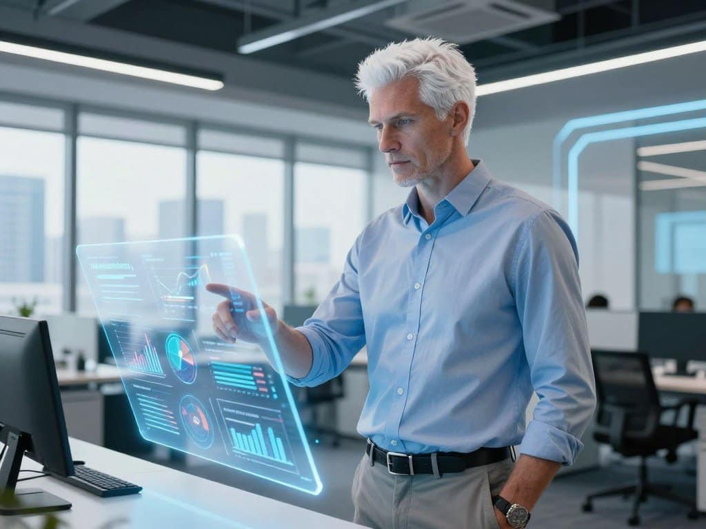 A professional white male marketing consultant, depicted as an artificial intelligence entity, stands confidently in a modern office setting. In the foreground, he is interacting with a holographic display showcasing marketing analytics and strategies. The middle ground features sleek office furniture and a large window with a cityscape view. The background includes subtle elements of advanced technology, like digital screens and futuristic design. The lighting is bright and focused, creating a vibrant yet professional atmosphere. The image conveys innovation, expertise, and forward-thinking, illustrating the concept of an AI marketing consultant as a cutting-edge asset for businesses. The angle is slightly low, emphasizing the subject's stature and authority in the field of marketing. A professional white male marketing consultant, depicted as an artificial intelligence entity, stands confidently in a modern office setting. In the foreground, he is interacting with a holographic display showcasing marketing analytics and strategies. The middle ground features sleek office furniture and a large window with a cityscape view. The background includes subtle elements of advanced technology, like digital screens and futuristic design. The lighting is bright and focused, creating a vibrant yet professional atmosphere. The image conveys innovation, expertise, and forward-thinking, illustrating the concept of an AI marketing consultant as a cutting-edge asset for businesses. The angle is slightly low, emphasizing the subject's stature and authority in the field of marketing.